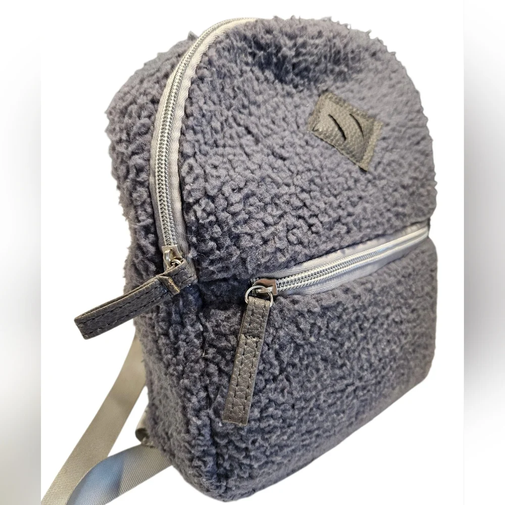 Gray Sherpa Fuzzy Mini Backpack with Pink Lining – Soft Plush Bag